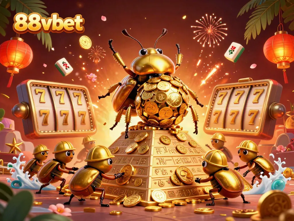 Experience the excitement of 88vbet as a golden beetle rolls coins amidst vibrant casino symbols.