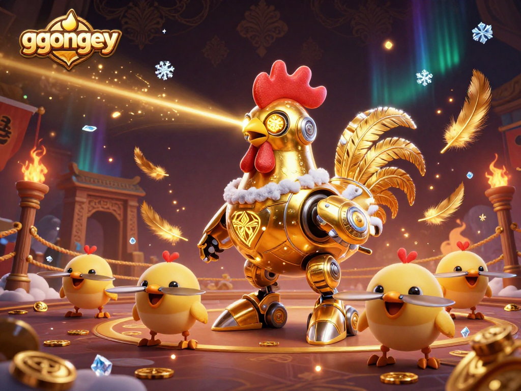 Engage with the ggongey golden rooster robot in a dynamic casino scene filled with coins and betting tokens.