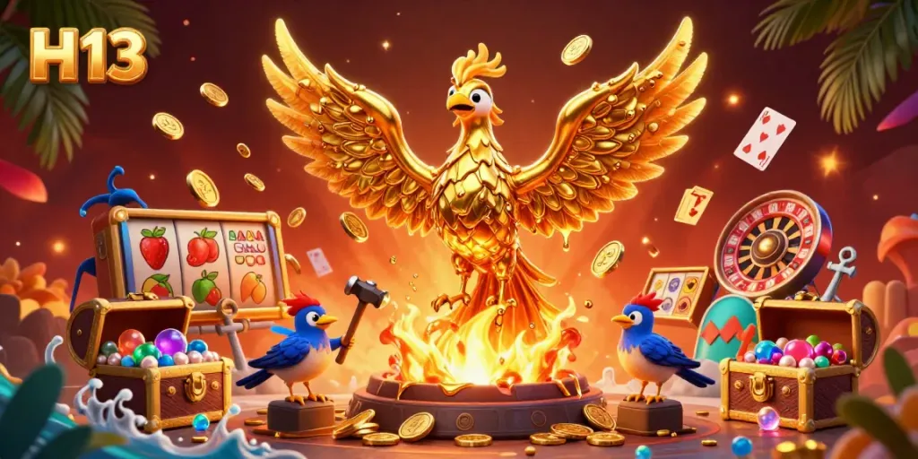 Experience the allure of H 13 with vibrant slot reels and a golden phoenix casting coins in this vivid casino scene.