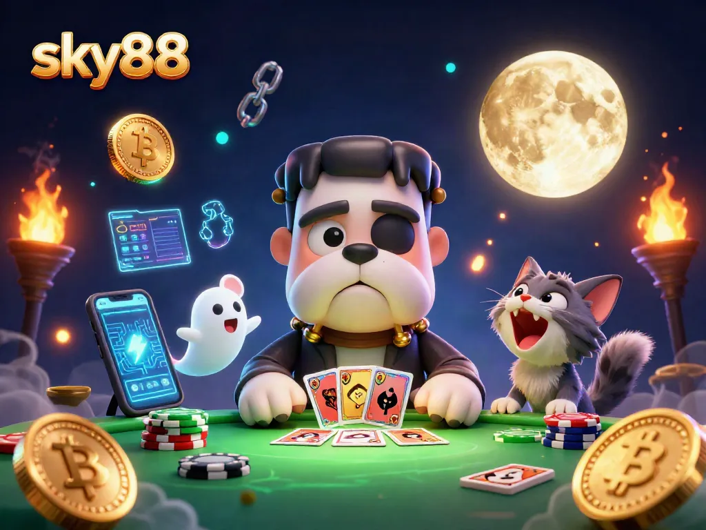 Engage with sky88 at a thrilling game table featuring a 3D Frankenstein bulldog and mystical elements.