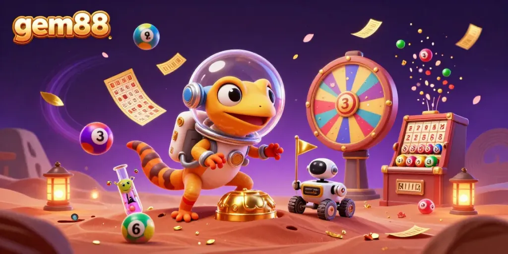 Experience gem88 with a lively 3D Martian gecko discovering a golden casino amidst colorful lottery elements.