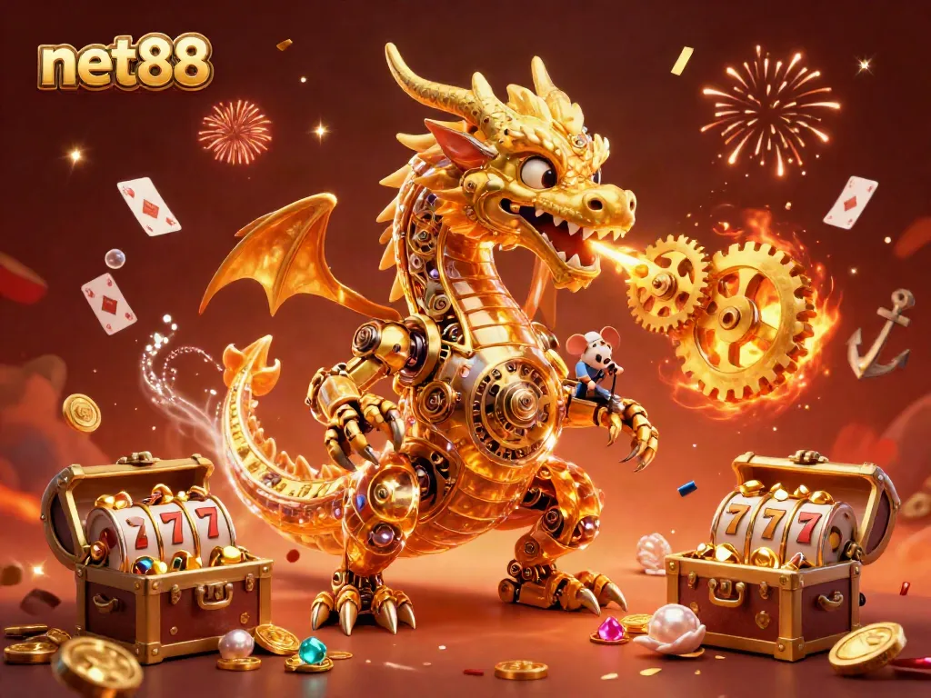 Experience thrilling moments at net88 with a golden dragon surrounded by casino elements and treasures.