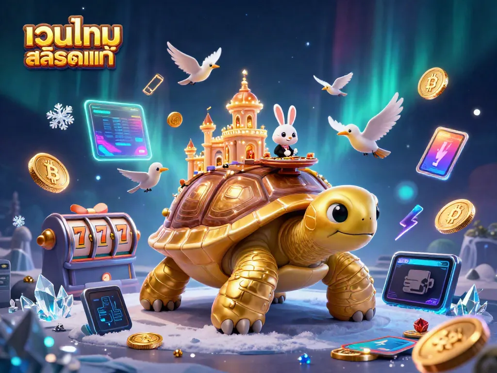 Engaging illustration of เว็บเกมสล็อตแท้ showcasing a golden tortoise casino, complete with vibrant slot games and crypto elements.