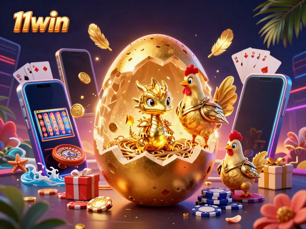 Experience the excitement of 11win with a scene of a golden baby dragon surrounded by vibrant casino elements.